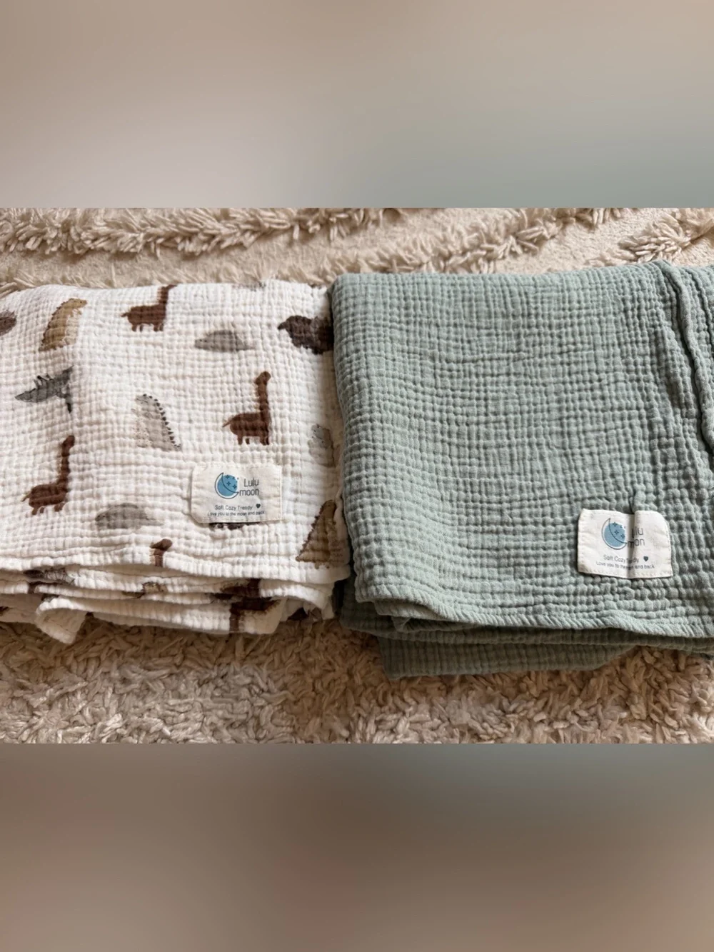 Baby Gauze Swaddle Blankets - Sage Green & Cream Dinosaur Print